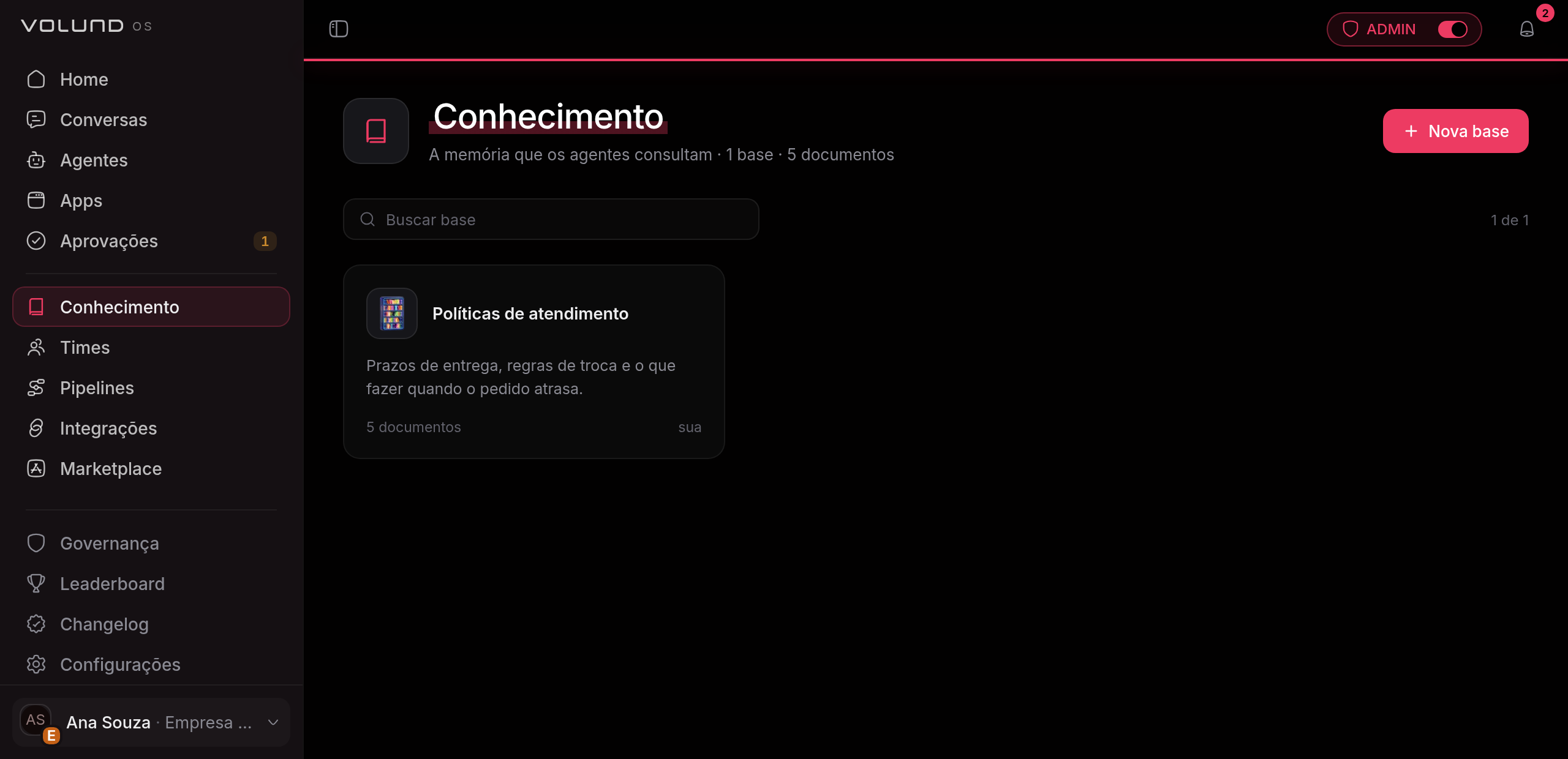 Lista de bases de conhecimento da organização, com o nome de cada uma, a descrição do que ela guarda e a contagem de documentos