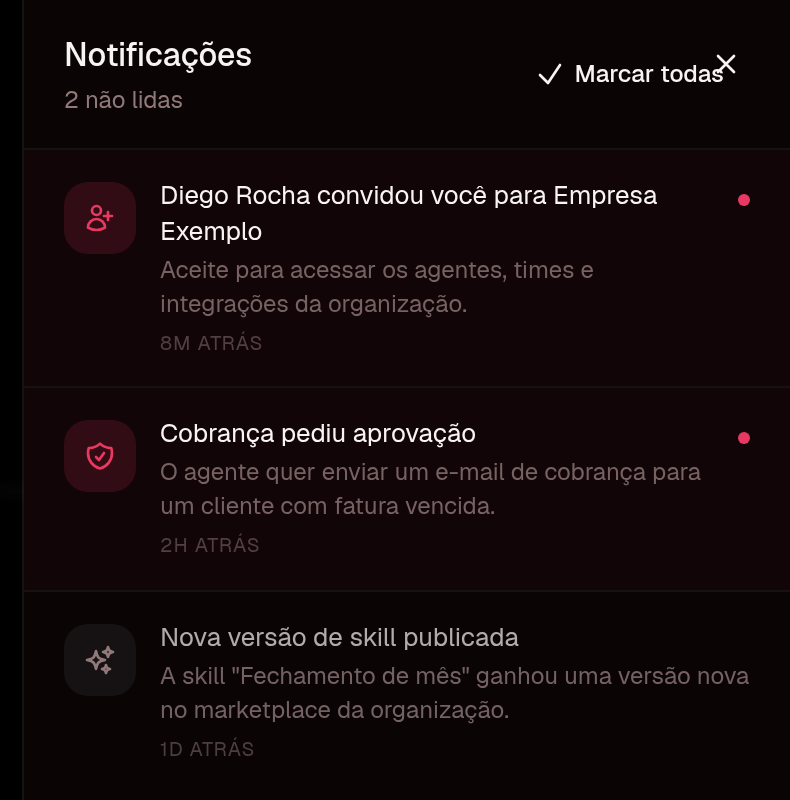 Painel de notificações aberto, com o contador de não lidas e três avisos de origens diferentes, dois deles ainda não lidos