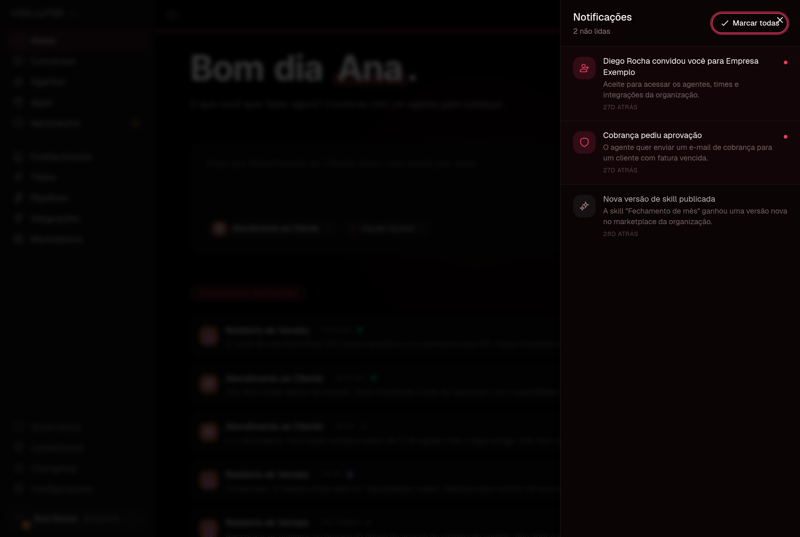 Lista de avisos do painel aberta pelo sino, com um convite de organização, um pedido de aprovação e uma versão de skill publicada