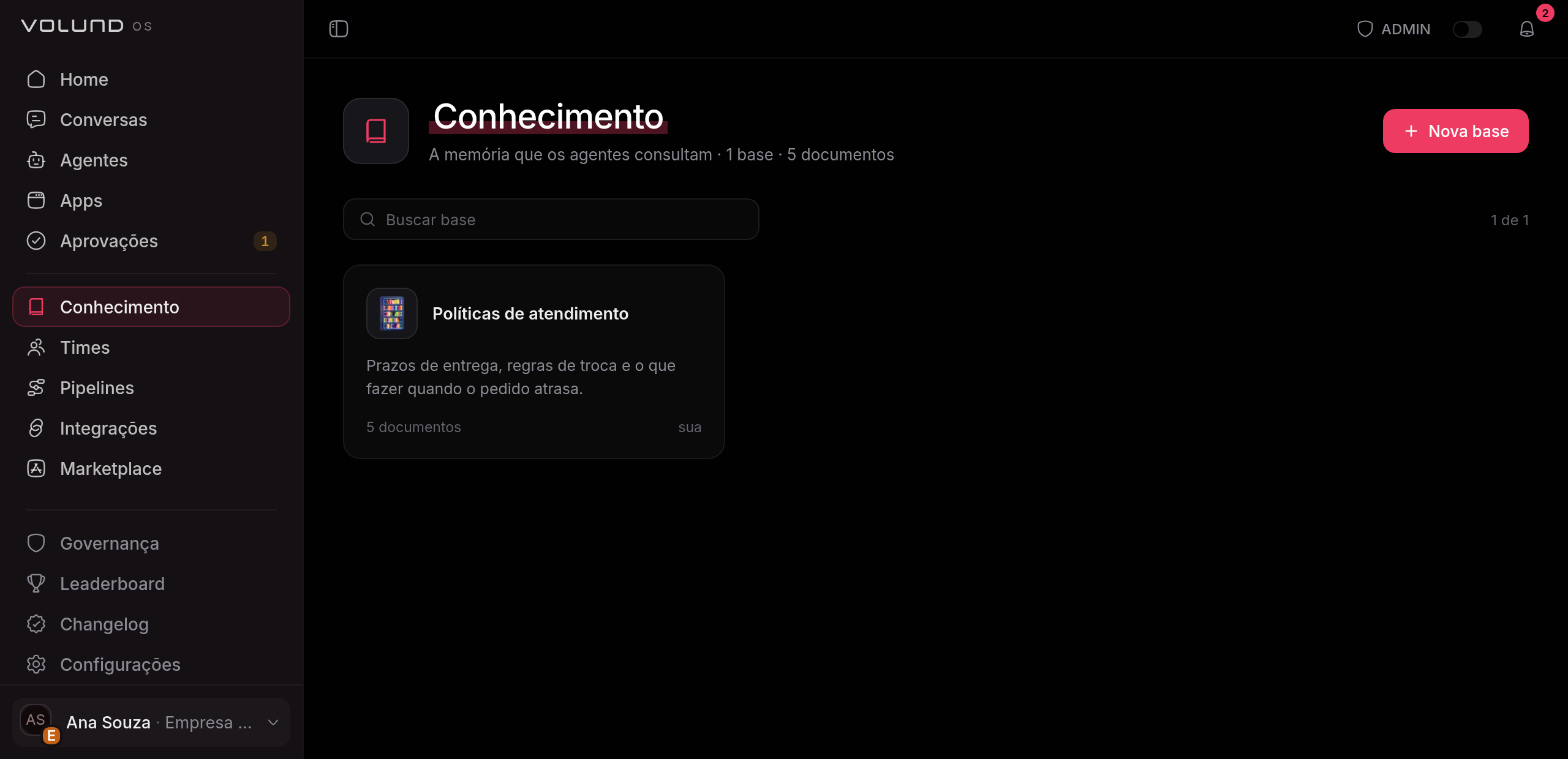 Lista de bases de conhecimento da organização, com o nome de cada uma, a descrição do que ela guarda e a contagem de documentos