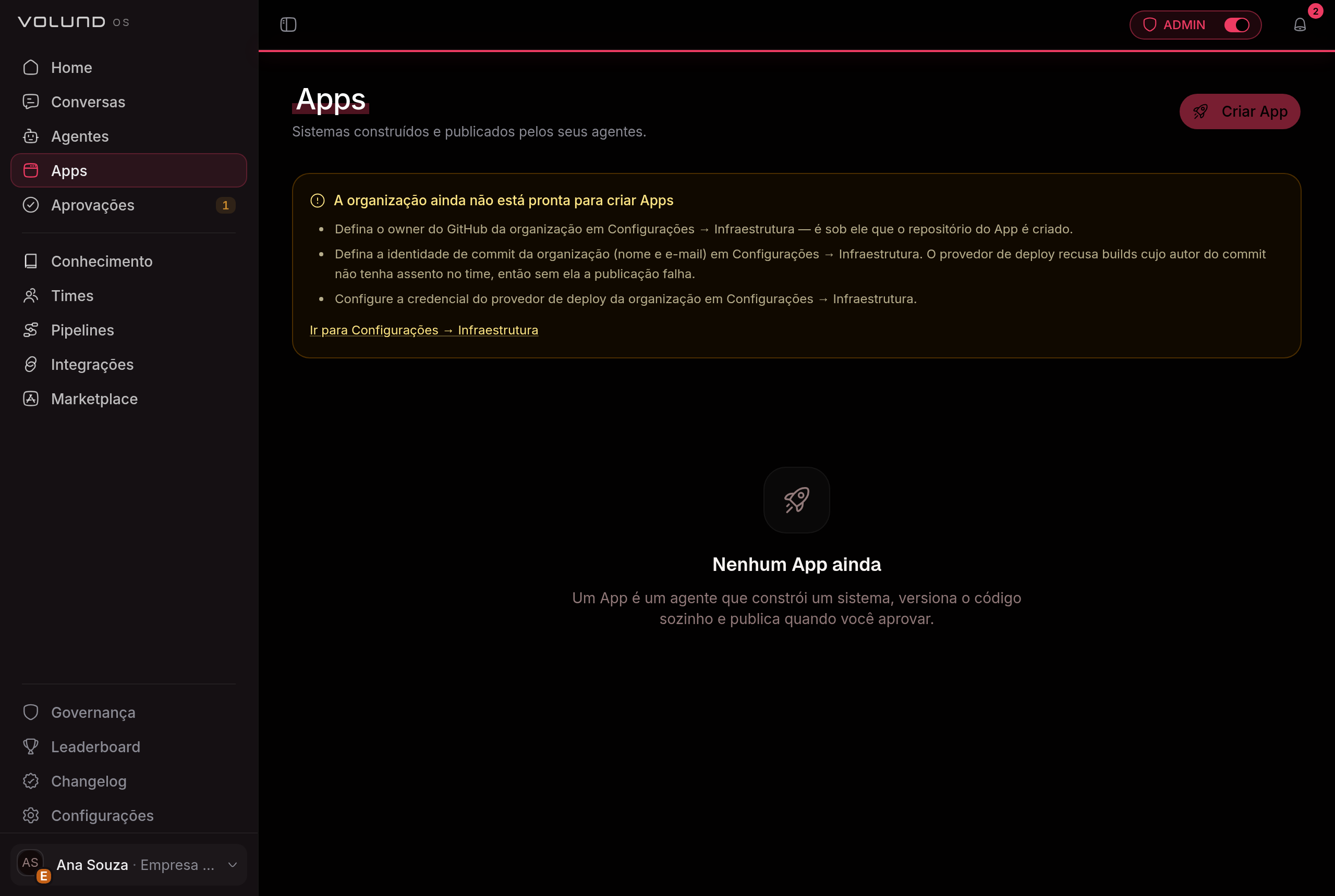Tela de Apps da organização, com a definição do que é um App e a lista do que precisa estar configurado antes de criar o primeiro