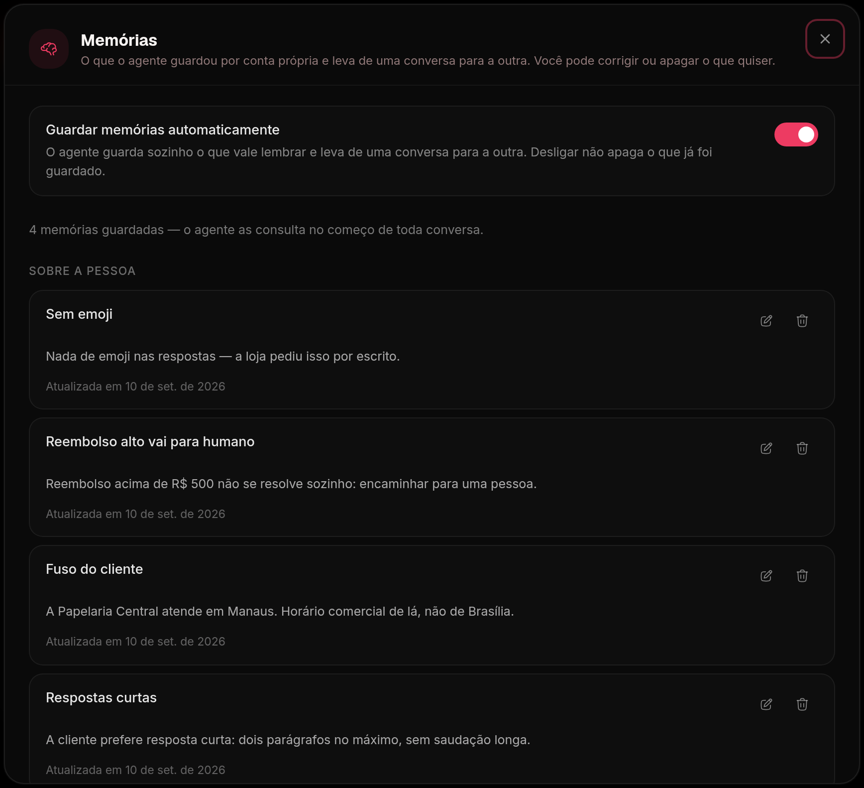 Lista de memórias que o agente guardou, cada uma com nome e o que foi anotado sobre como atender