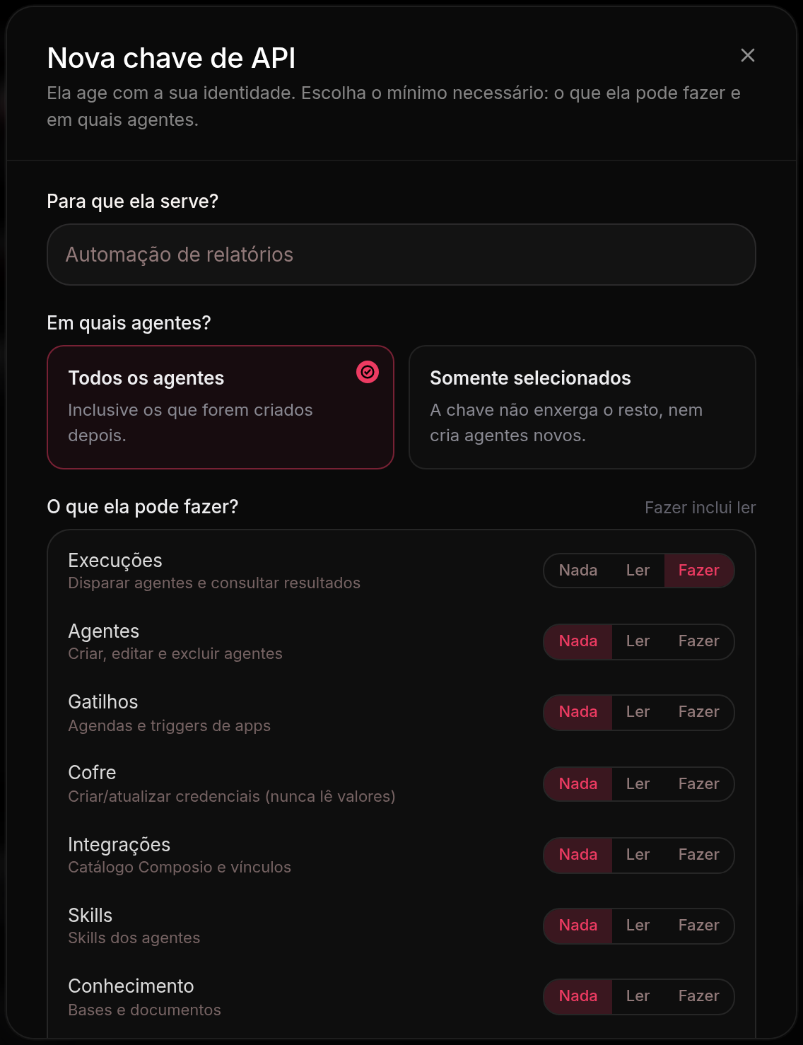Criação de uma chave de API, com o nome, a escolha entre todos os agentes ou alguns, e o nível de acesso por domínio — execuções, agentes, gatilhos, cofre, integrações, skills e conhecimento