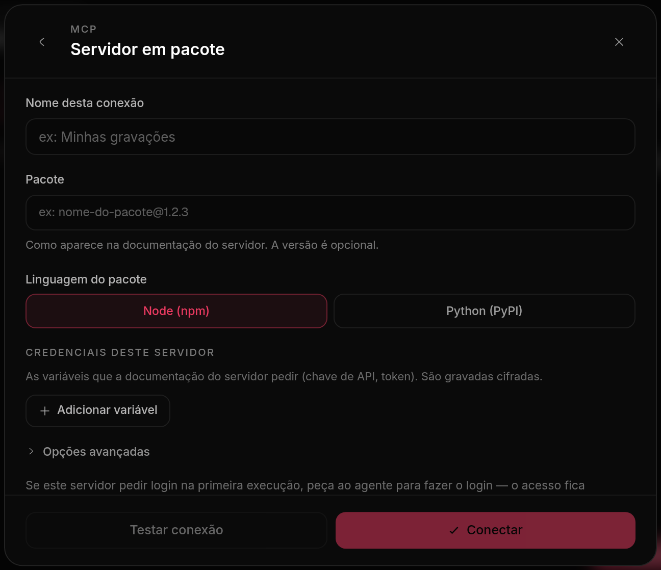 O formulário de conexão a um servidor publicado como pacote: o nome do pacote com a versão, a escolha entre os dois registros e a seção de credenciais, que avisa que as variáveis são gravadas cifradas