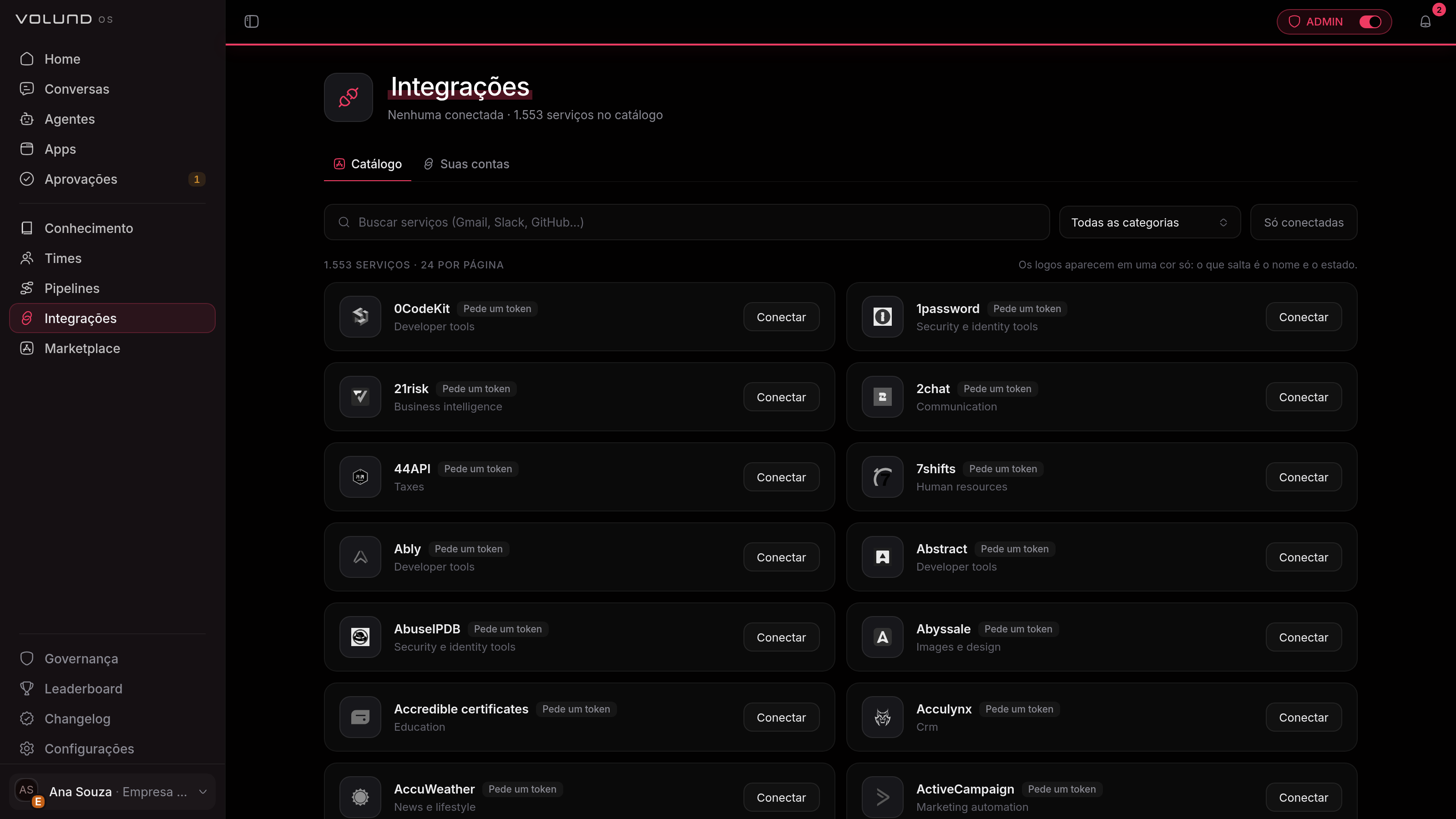 Catálogo de integrações do VolundOS, com a busca, o filtro por categoria e os serviços que um agente pode conectar