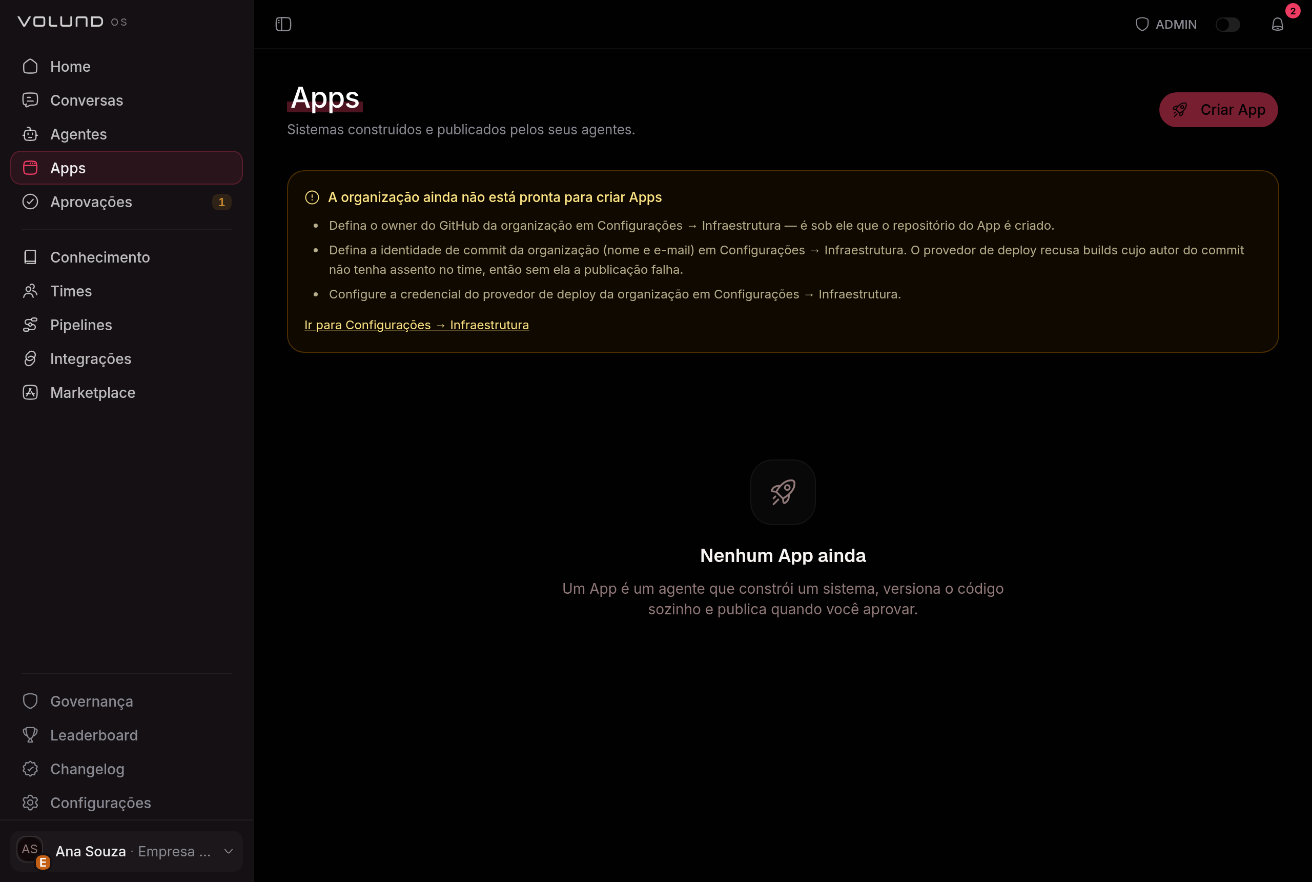 Tela de Apps da organização, com a definição do que é um App e a lista do que precisa estar configurado antes de criar o primeiro
