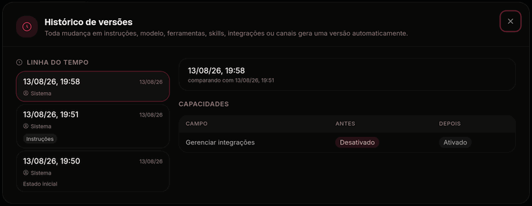 Uma versão antiga da configuração do agente sendo aberta, com a comparação categoria por categoria mostrando o que mudou desde então
