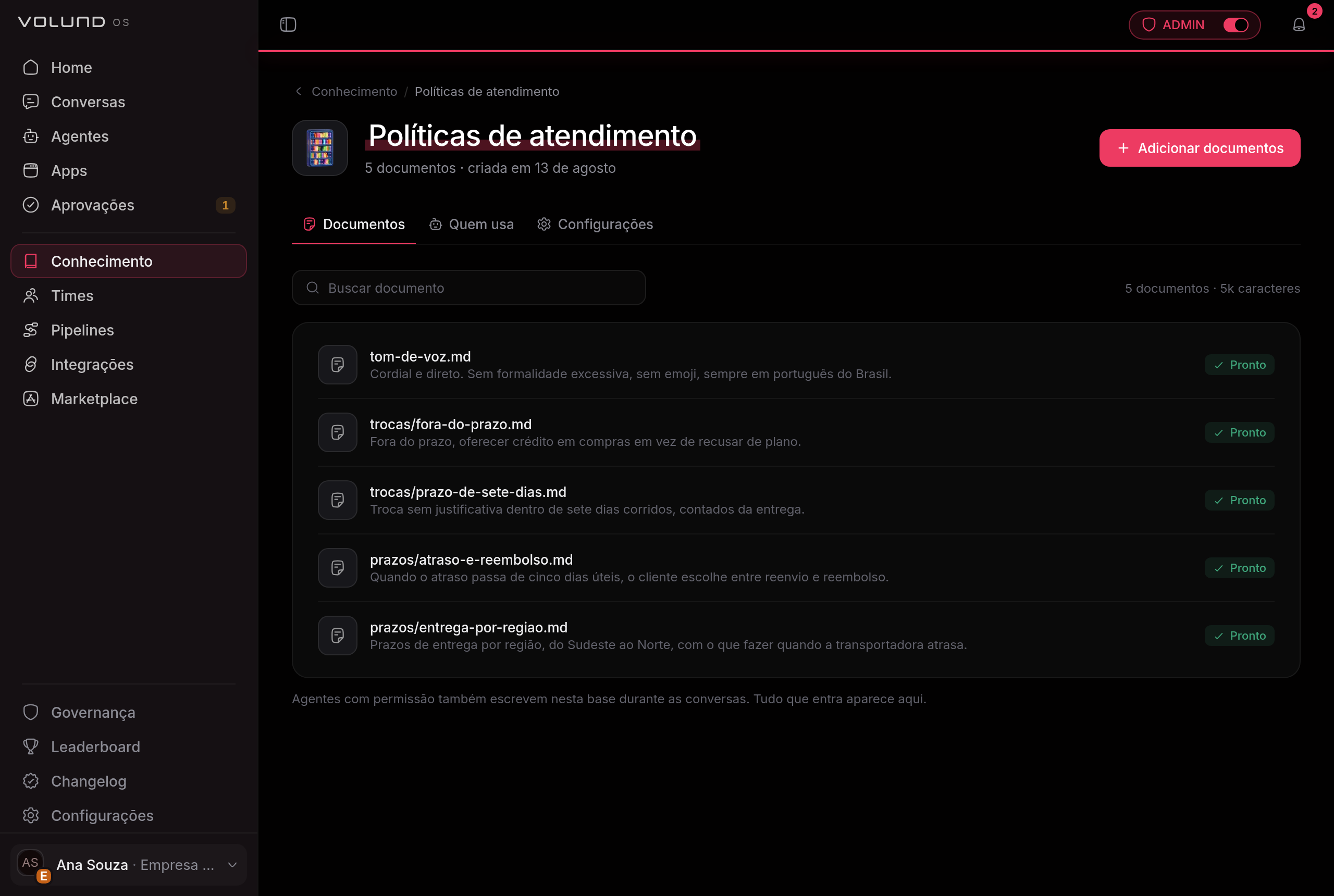 Página de uma base de conhecimento, com as seções de documentos, quem usa e configurações, e a lista dos cinco documentos com o estado de cada um