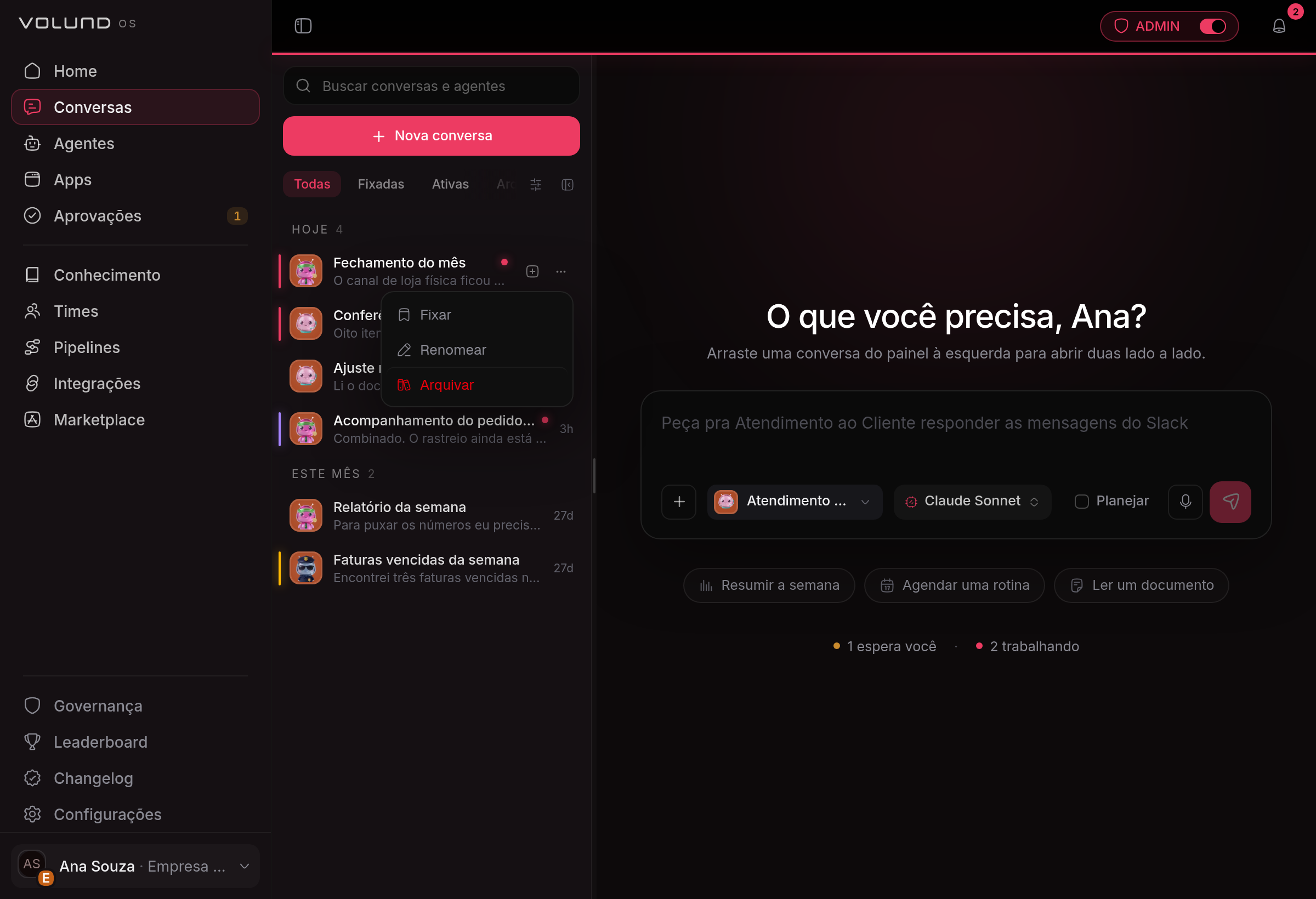 Lista de conversas agrupada por data, com o menu de uma delas aberto mostrando as opções de fixar, renomear e arquivar