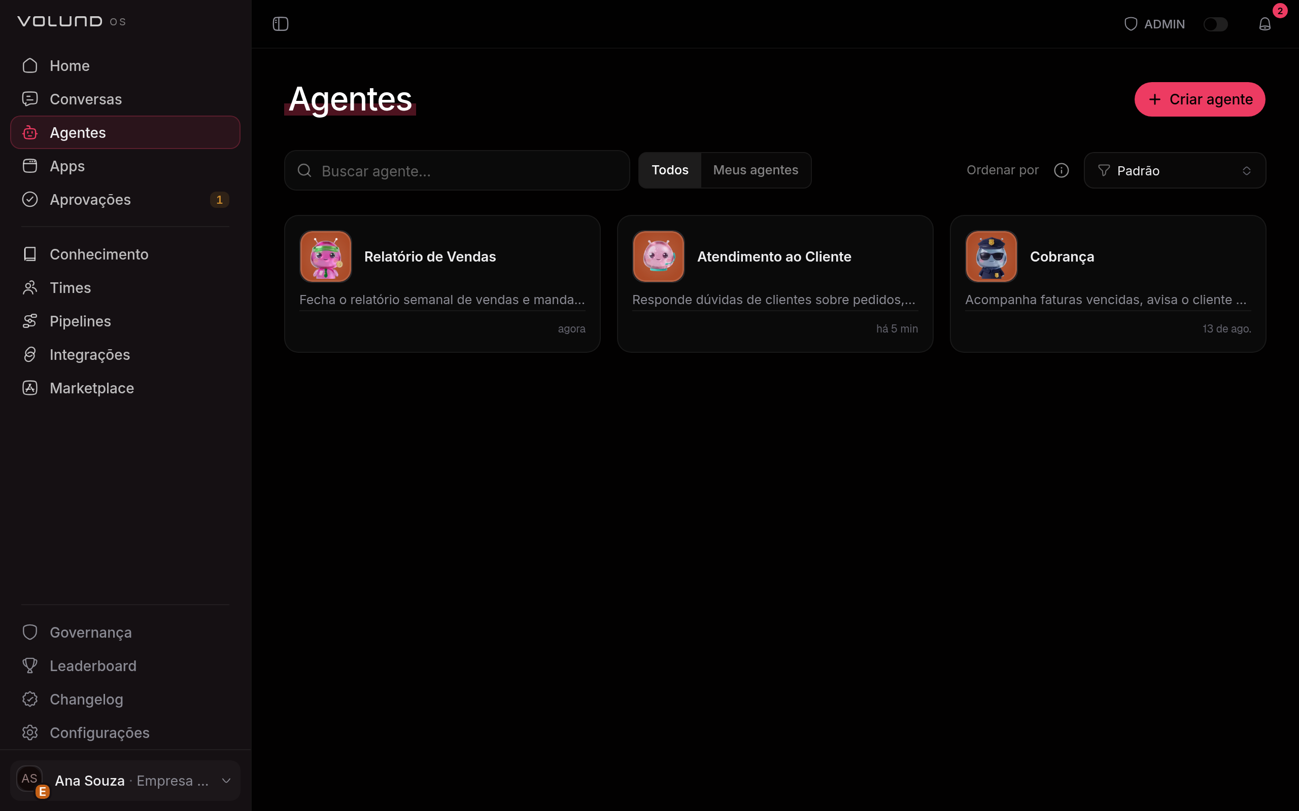 Catálogo de agentes da organização, com a busca, o filtro entre todos e os meus agentes e a ordenação acima dos três agentes lado a lado, cada um com avatar, nome e a descrição do que faz