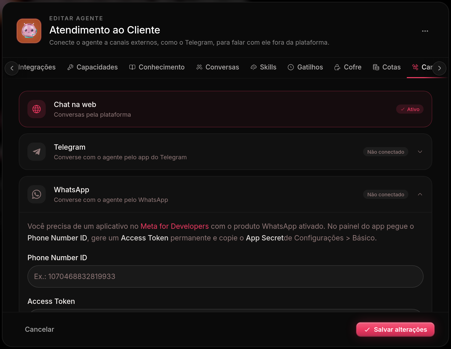Canal do WhatsApp aberto na configuração do agente, com as instruções e os campos de identificador do número e token de acesso, todos vazios