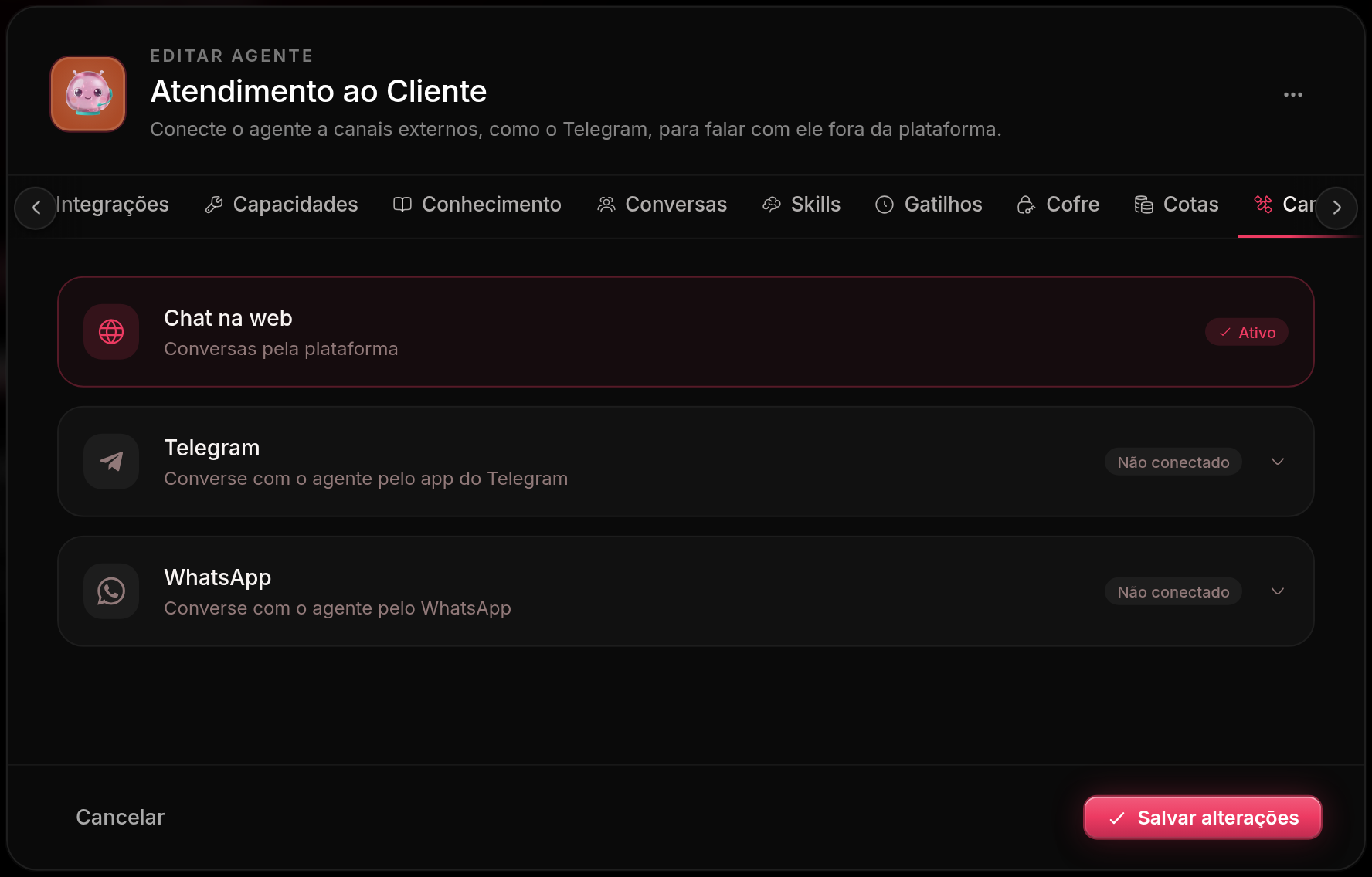 Aba de canais de um agente, com o chat na web ativo e Telegram e WhatsApp como canais ainda não conectados