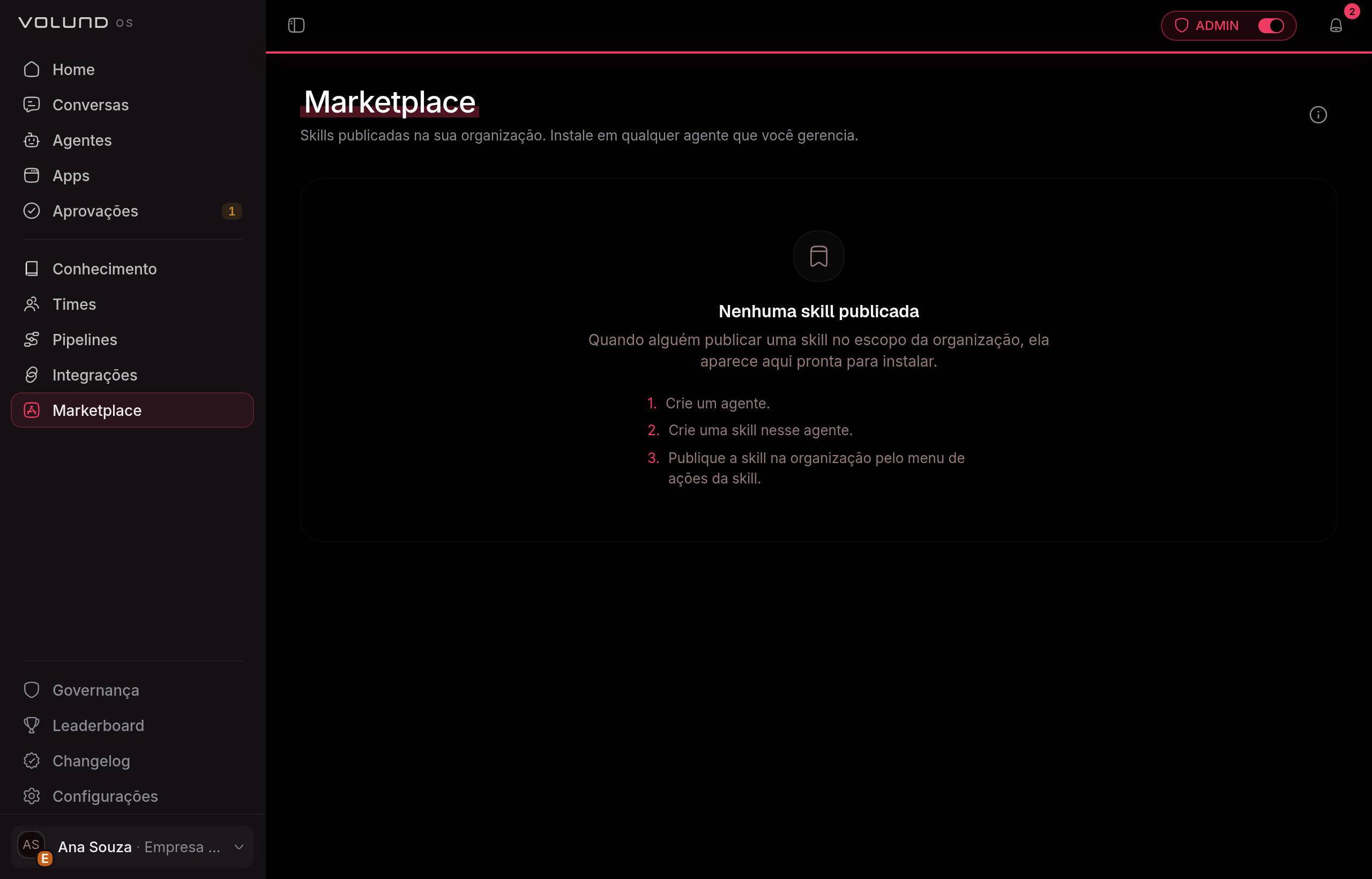 Vitrine do marketplace, com as skills que a organização pode instalar nos agentes