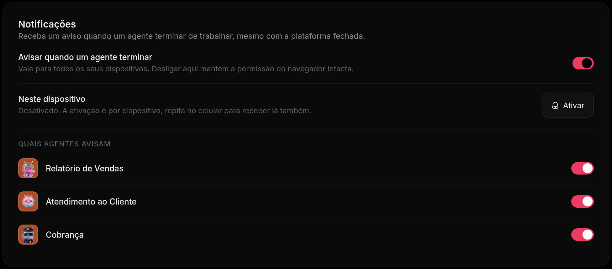 Preferências de notificação no perfil, com o aviso de fim de execução valendo para a conta inteira, a ativação separada por dispositivo e a lista de agentes que podem avisar