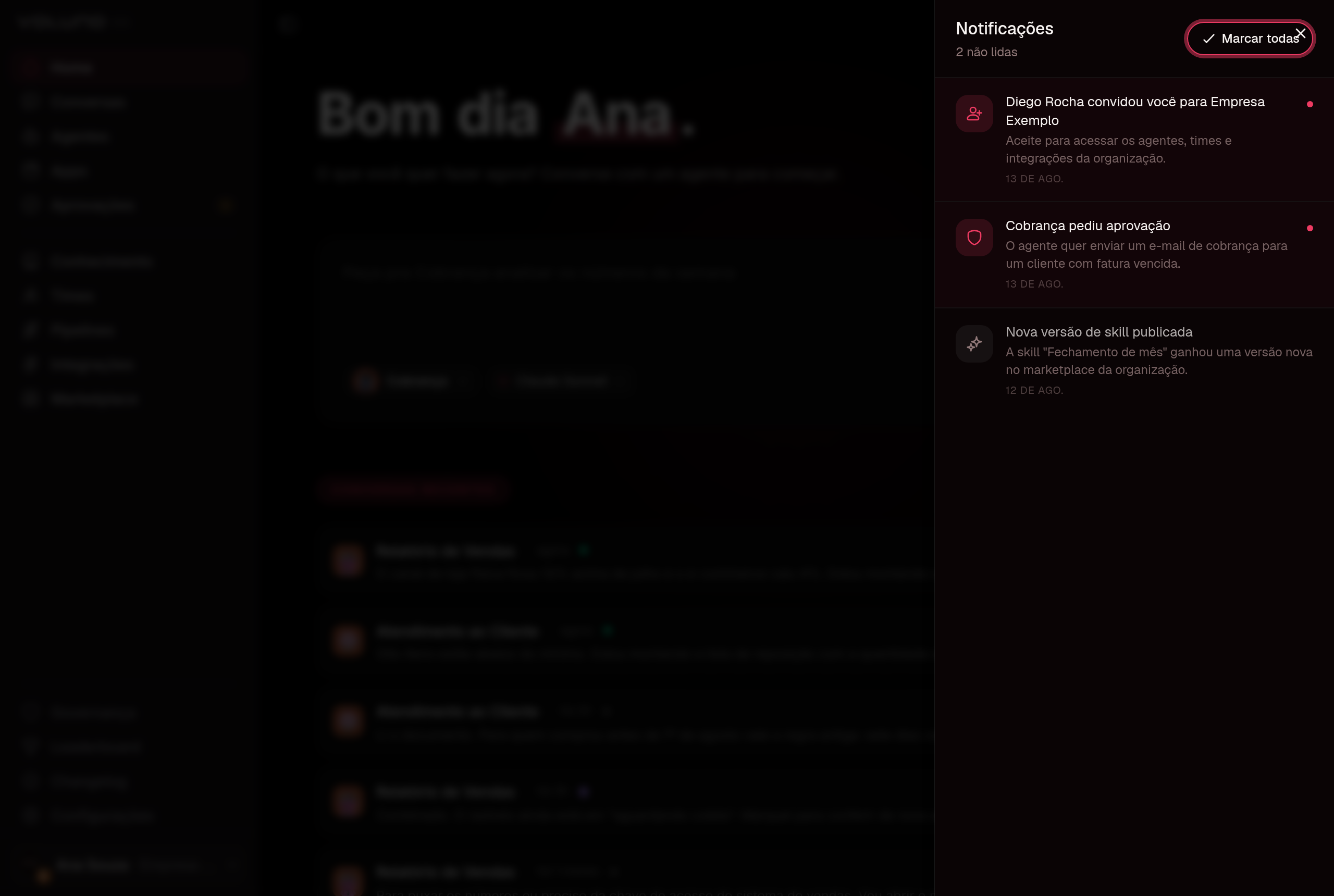 Lista de avisos do painel aberta pelo sino, com um convite de organização, um pedido de aprovação e uma versão de skill publicada