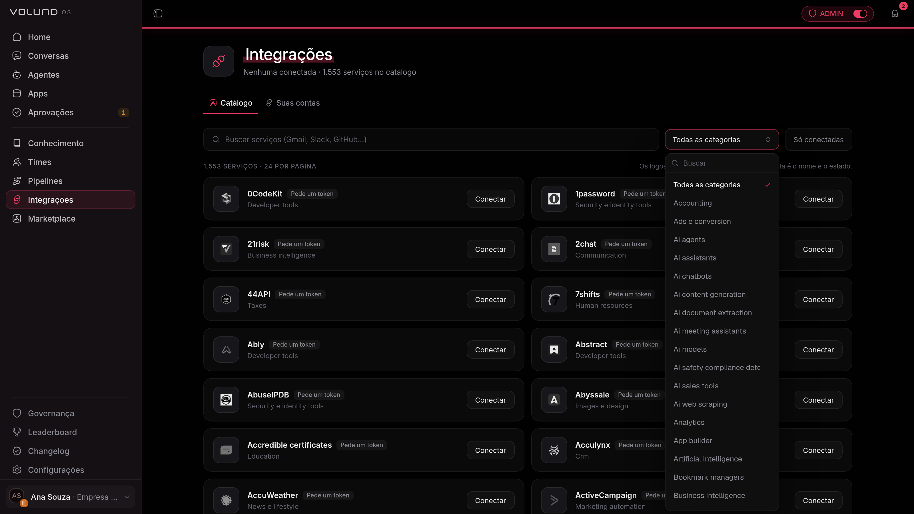Filtro de categorias do catálogo de integrações aberto, mostrando como os mais de mil serviços disponíveis são agrupados por assunto