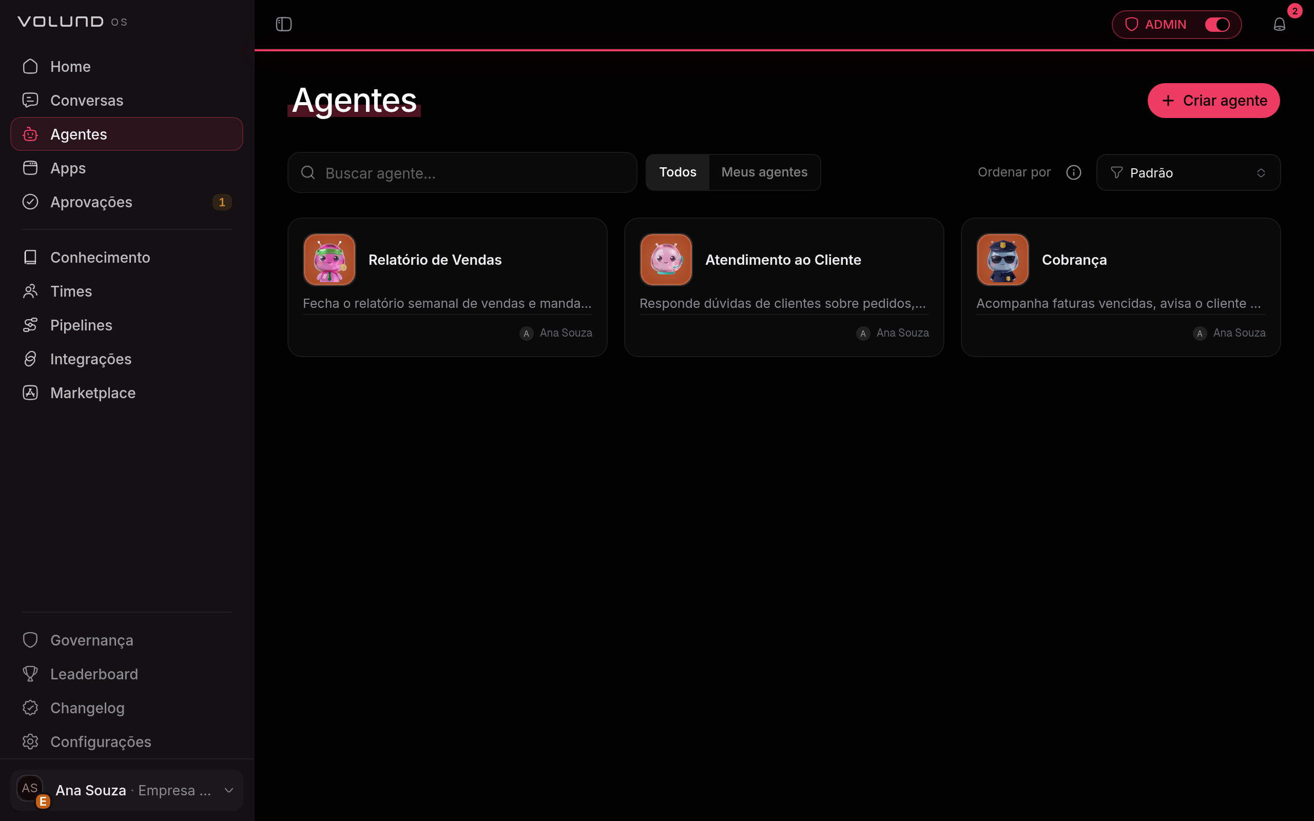Catálogo de agentes da organização, com a busca, o filtro entre todos e os meus agentes e a ordenação acima dos três agentes lado a lado, cada um com avatar, nome e a descrição do que faz