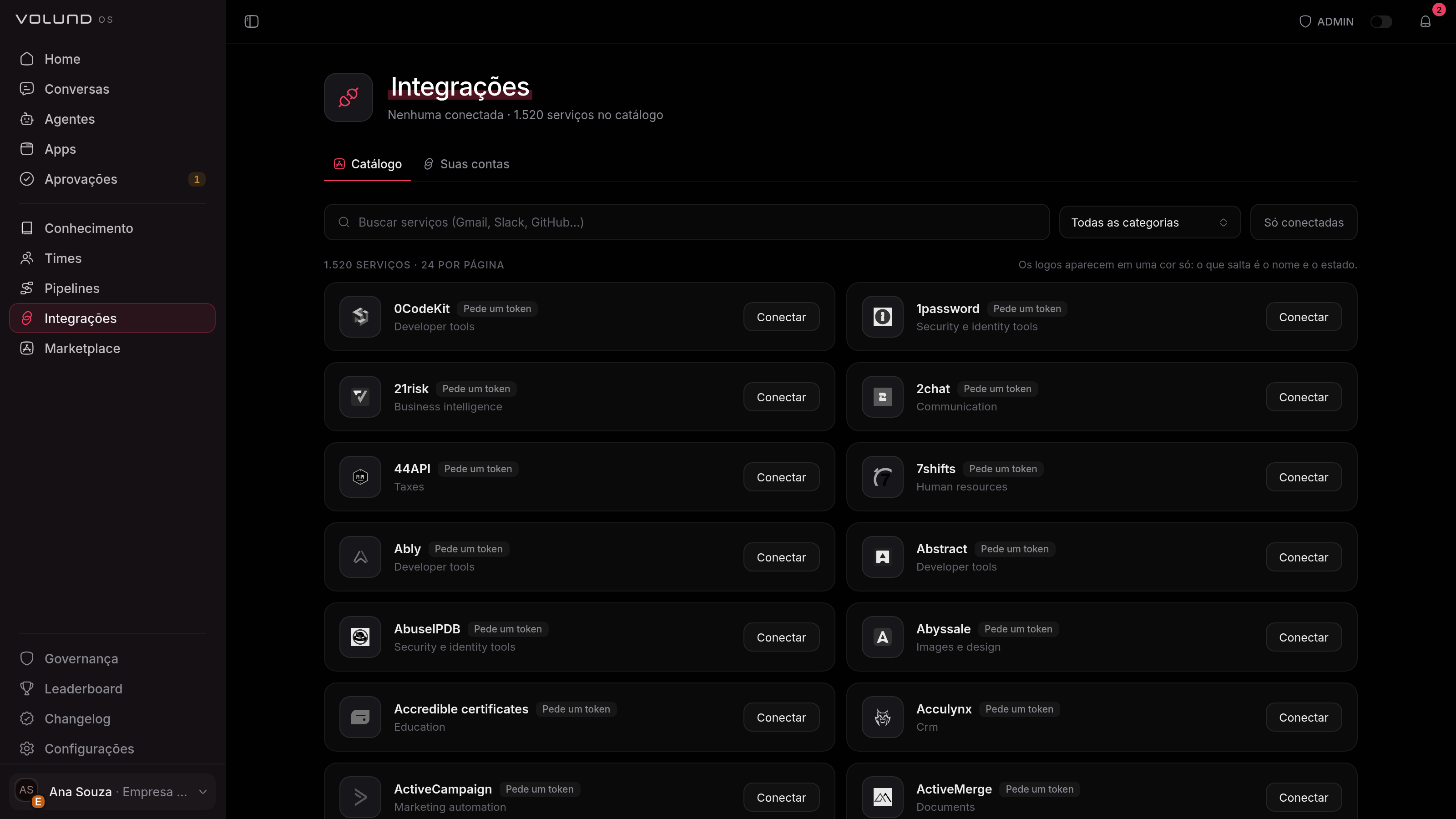 Catálogo de integrações do VolundOS, com a busca, o filtro por categoria e os serviços que um agente pode conectar