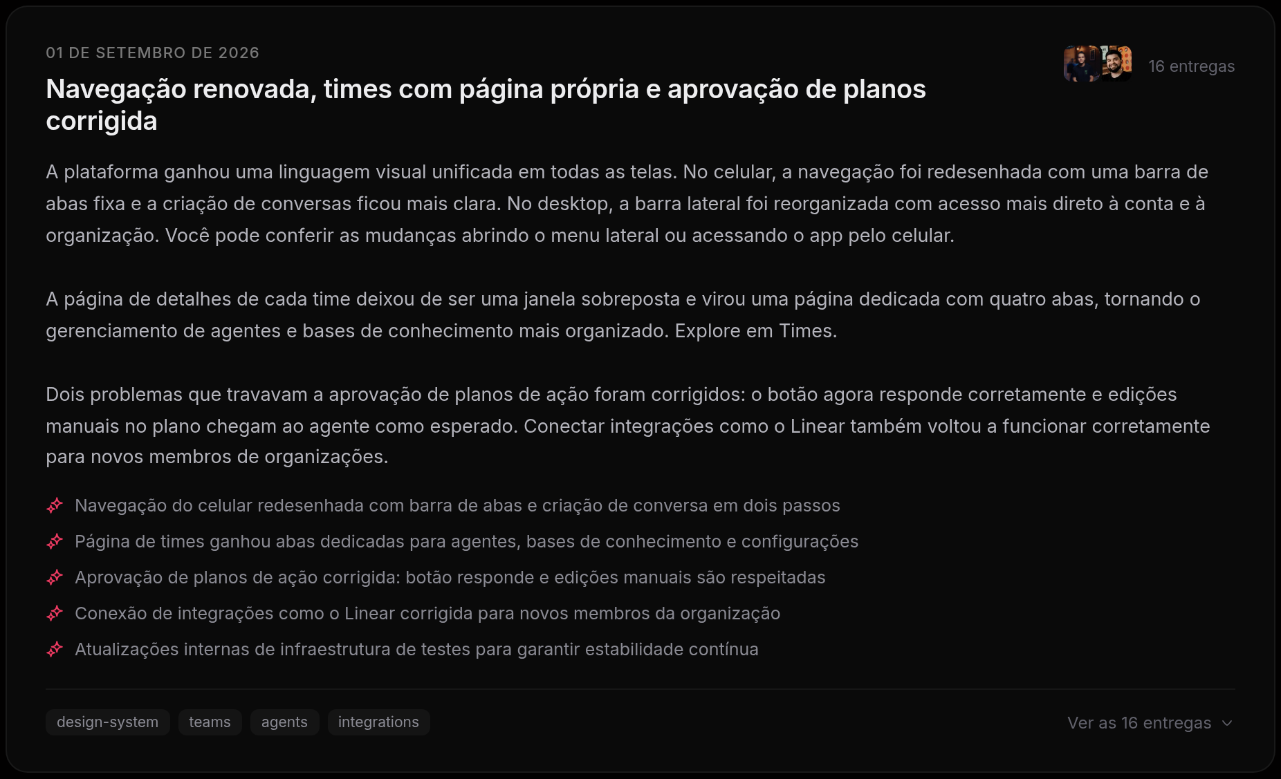 O cartão de um dia no changelog: o título do que mudou, a contagem de entregas e o resumo escrito em linguagem de quem usa o produto