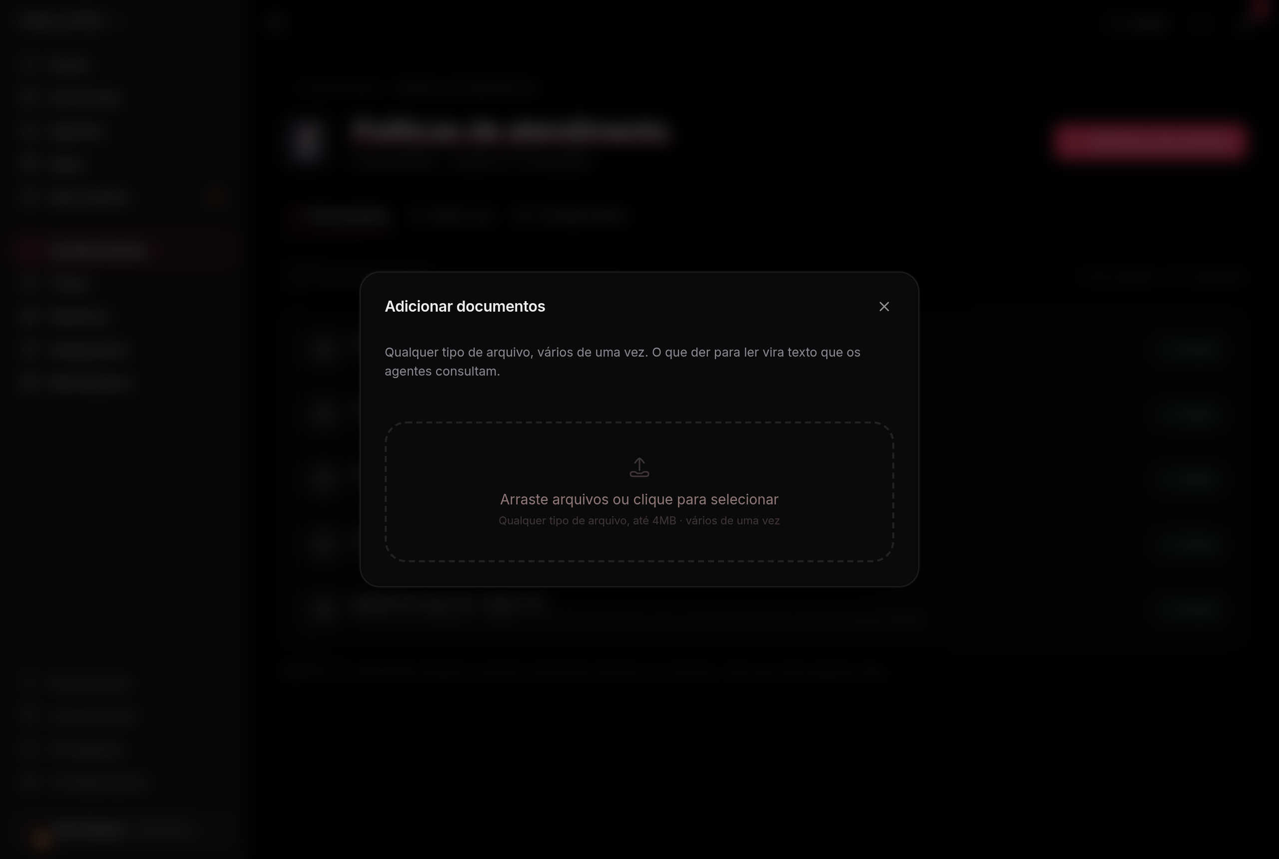 Diálogo de adicionar documentos a uma base de conhecimento, com a área de arrastar arquivos e o tamanho máximo informado