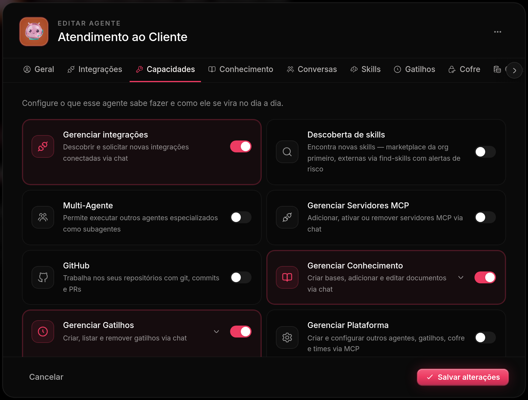 Painel de capacidades de um agente, com um interruptor por capacidade e algumas ligadas e outras desligadas