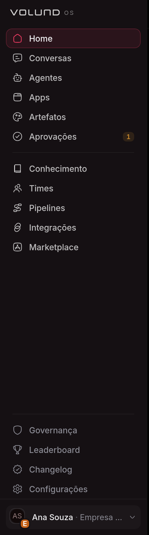 Barra lateral do VolundOS em três blocos: o dia a dia, com Home, Conversas, Agentes, Apps, Artefatos e Aprovações; o material de trabalho do agente, com Conhecimento, Times, Pipelines, Integrações e Marketplace; e o administrativo, com Governança, Leaderboard, Changelog e Configurações