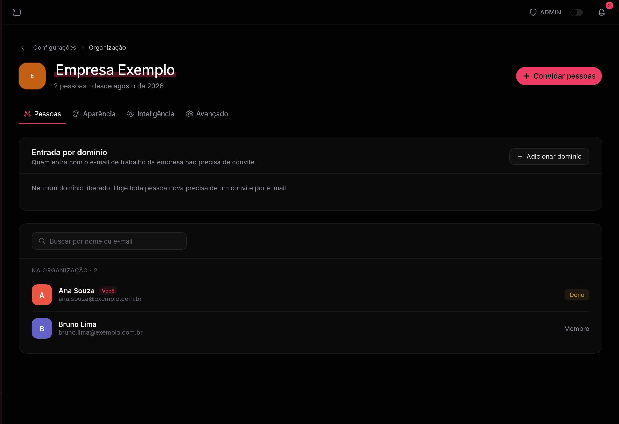 Aba de pessoas da organização: o cartão de entrada por domínio no topo, avisando que nenhum domínio está liberado e que por ora toda pessoa nova precisa de convite, e abaixo as duas pessoas com seus papéis, dono e membro, mais o botão de convidar