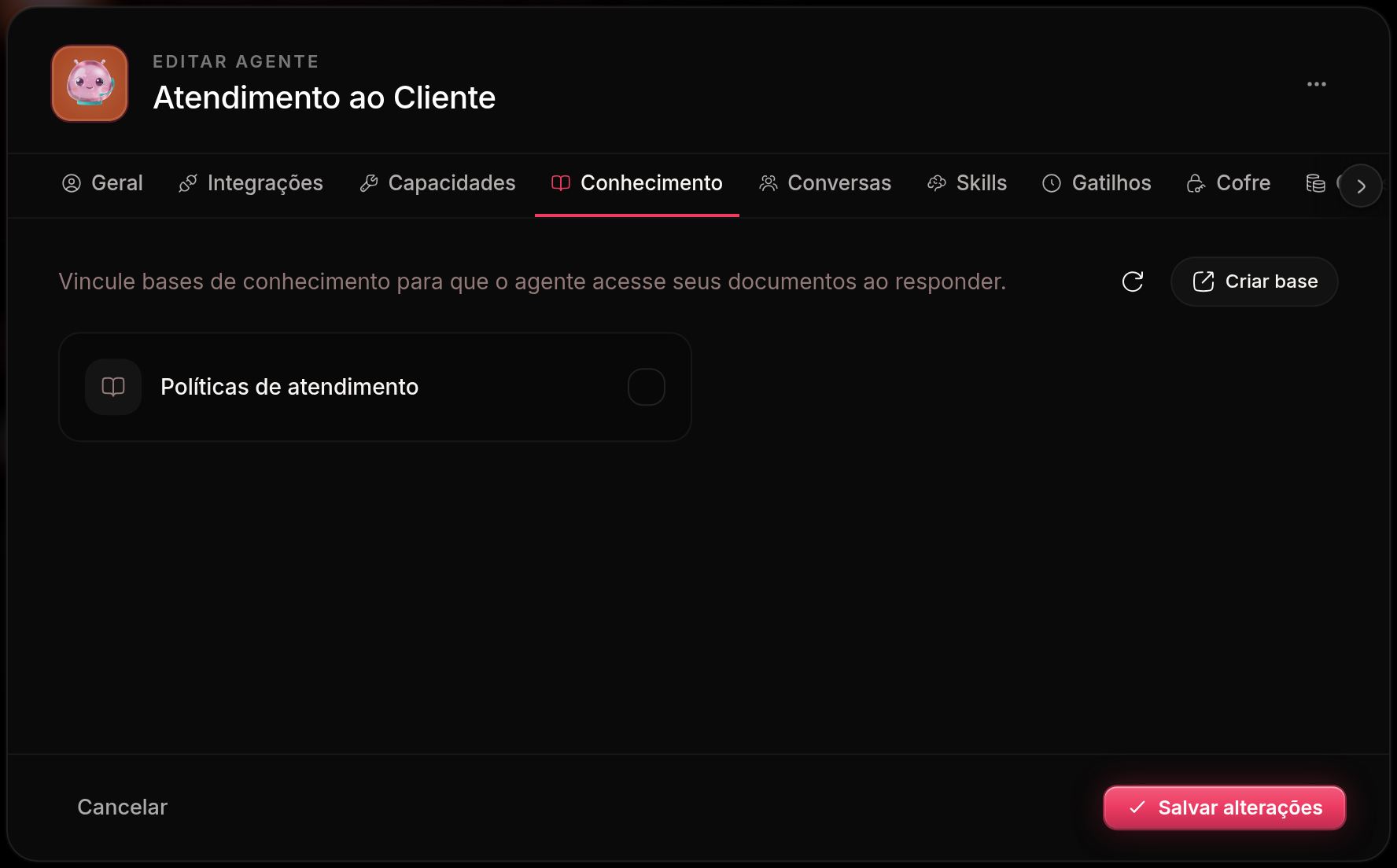 Aba de conhecimento na configuração do agente, com as bases que podem ser vinculadas a ele