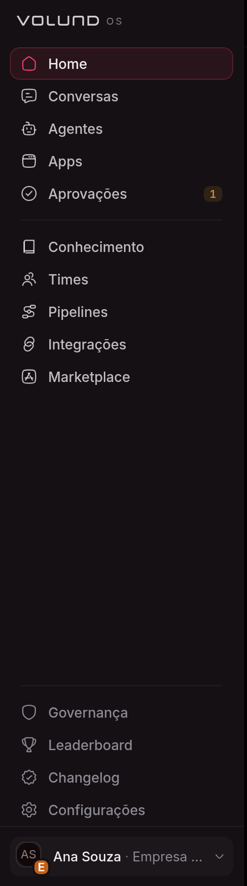 Barra lateral do VolundOS em três blocos: o dia a dia, com Home, Conversas, Agentes, Apps e Aprovações; o material de trabalho do agente, com Conhecimento, Times, Pipelines, Integrações e Marketplace; e o administrativo, com Governança, Leaderboard, Changelog e Configurações