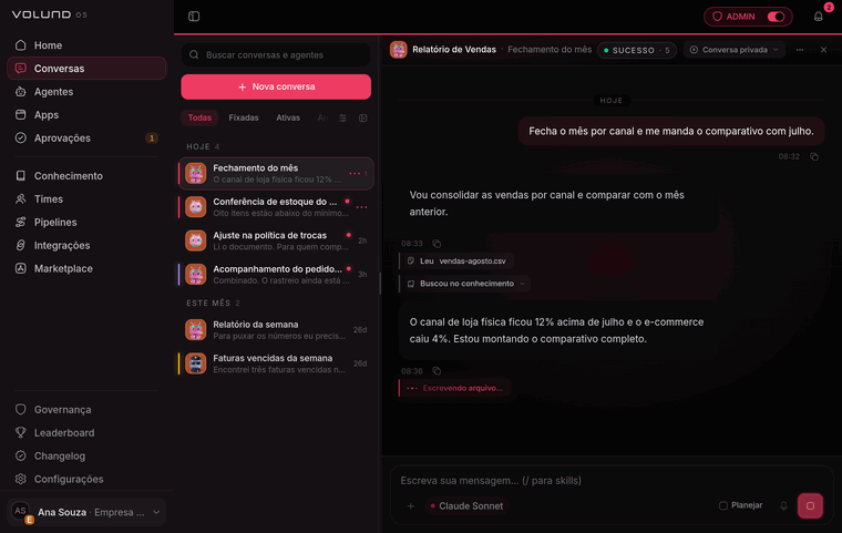 Execução em andamento sendo interrompida: o passo a passo aparece no histórico até o clique no botão de parar, e a conversa fecha com o aviso de que a execução foi interrompida pelo usuário