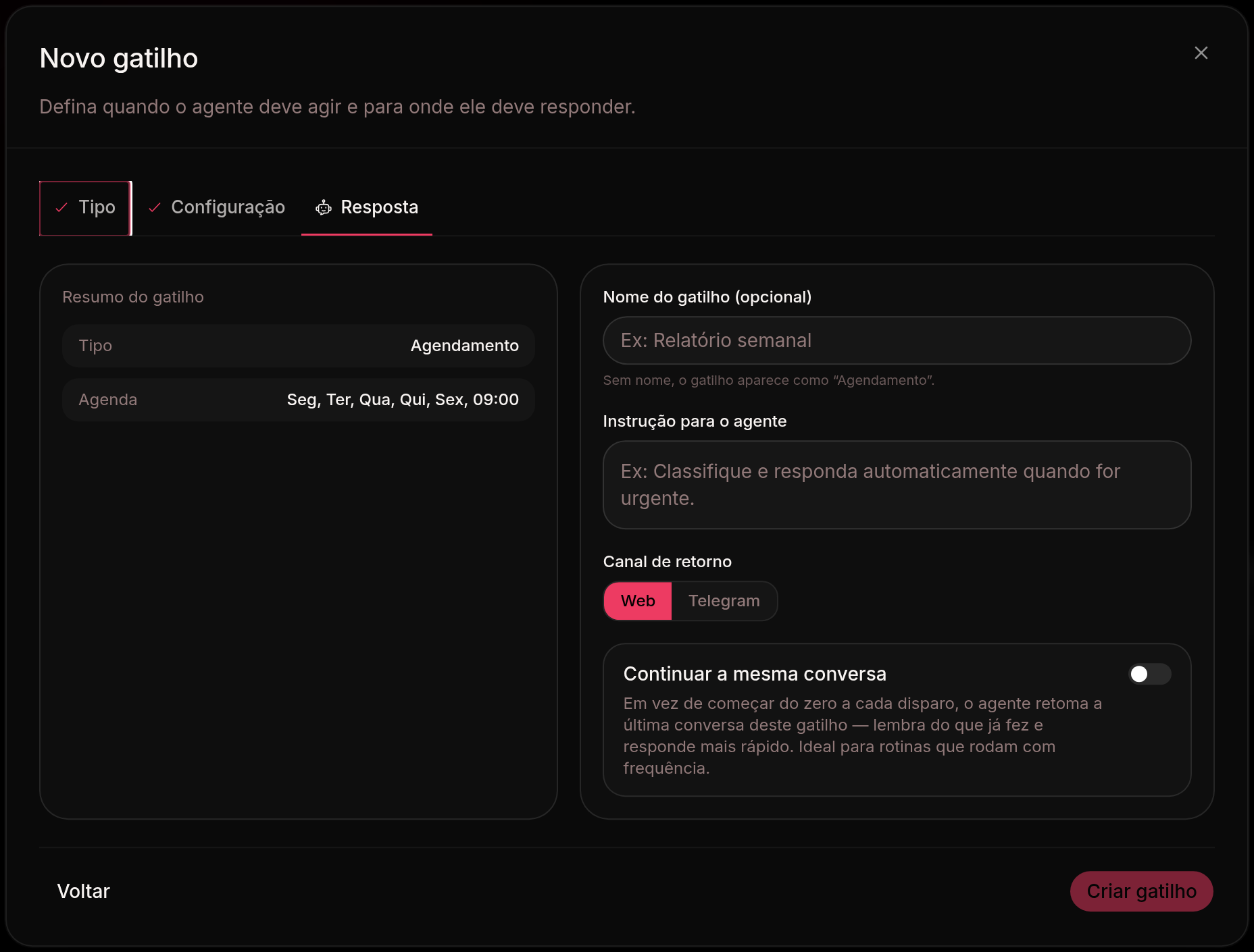 Etapa de resposta do assistente de gatilho, com o canal de retorno e a opção de continuar a mesma conversa a cada disparo em vez de começar do zero