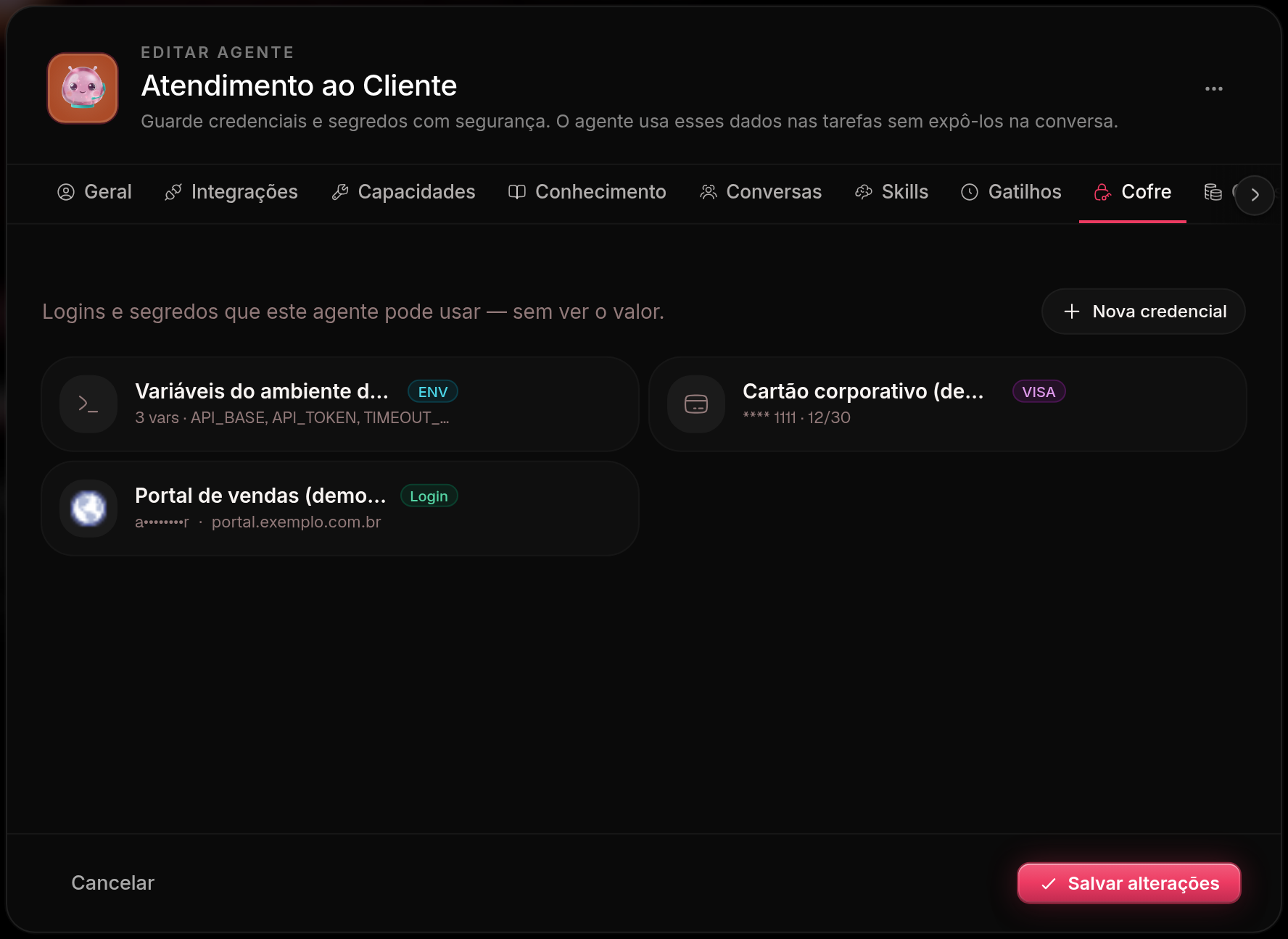 Cofre de um agente, com as credenciais guardadas listadas por nome e tipo e nenhum valor à vista
