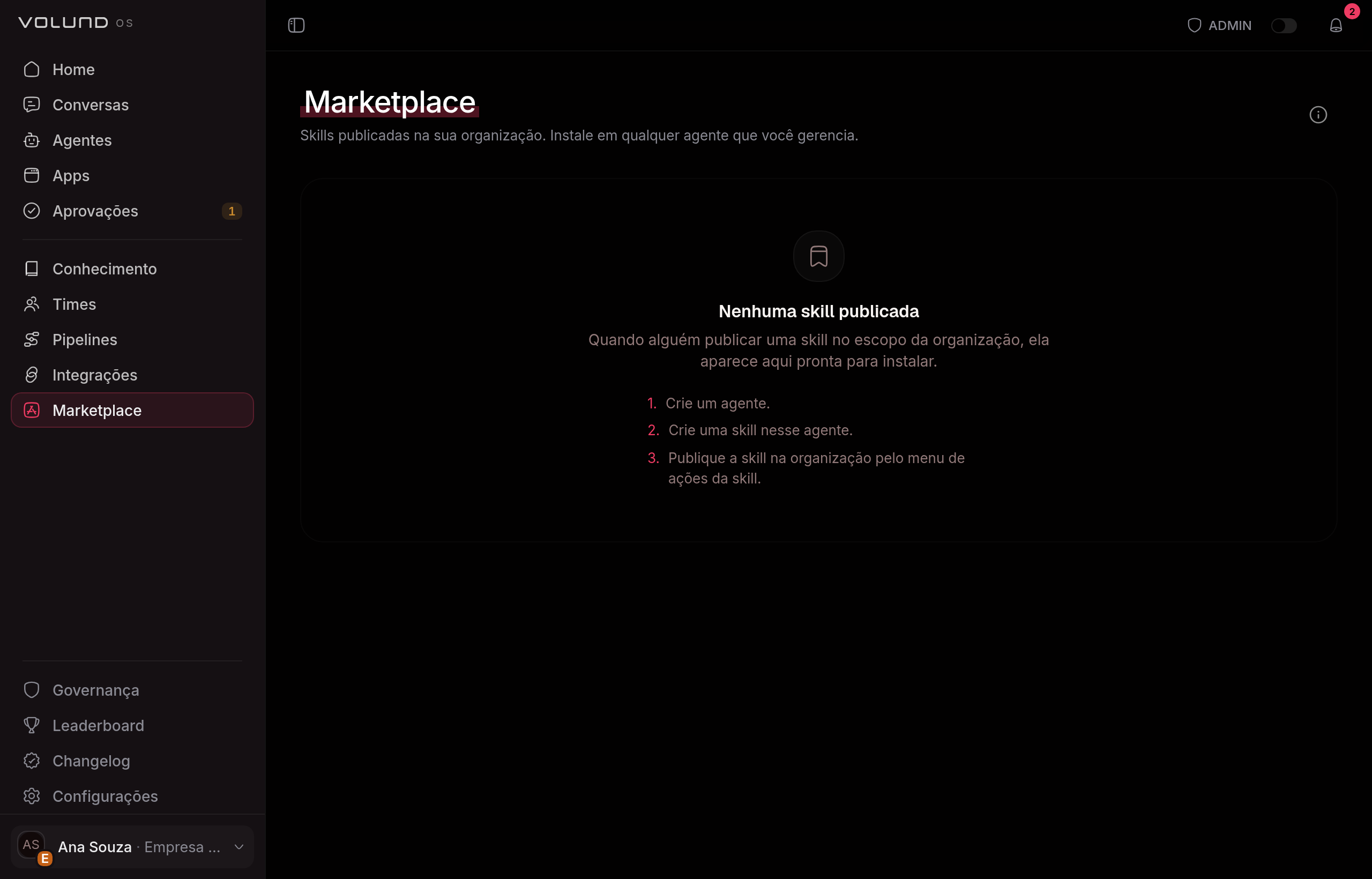 Vitrine do marketplace, com as skills que a organização pode instalar nos agentes