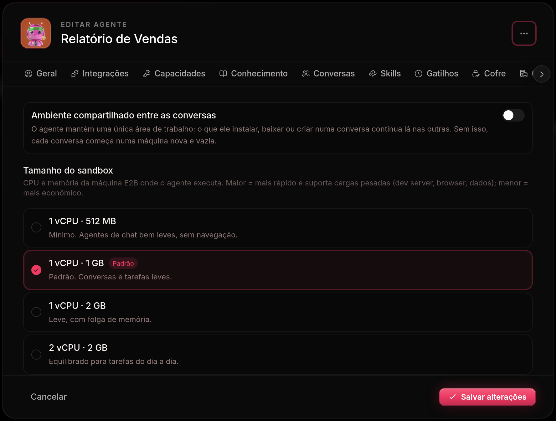 A escolha do tamanho da máquina de um agente: o interruptor de ambiente compartilhado entre as conversas no topo, e abaixo a lista de tamanhos, cada um com a descrição de para que serve e o selo indicando qual é o padrão