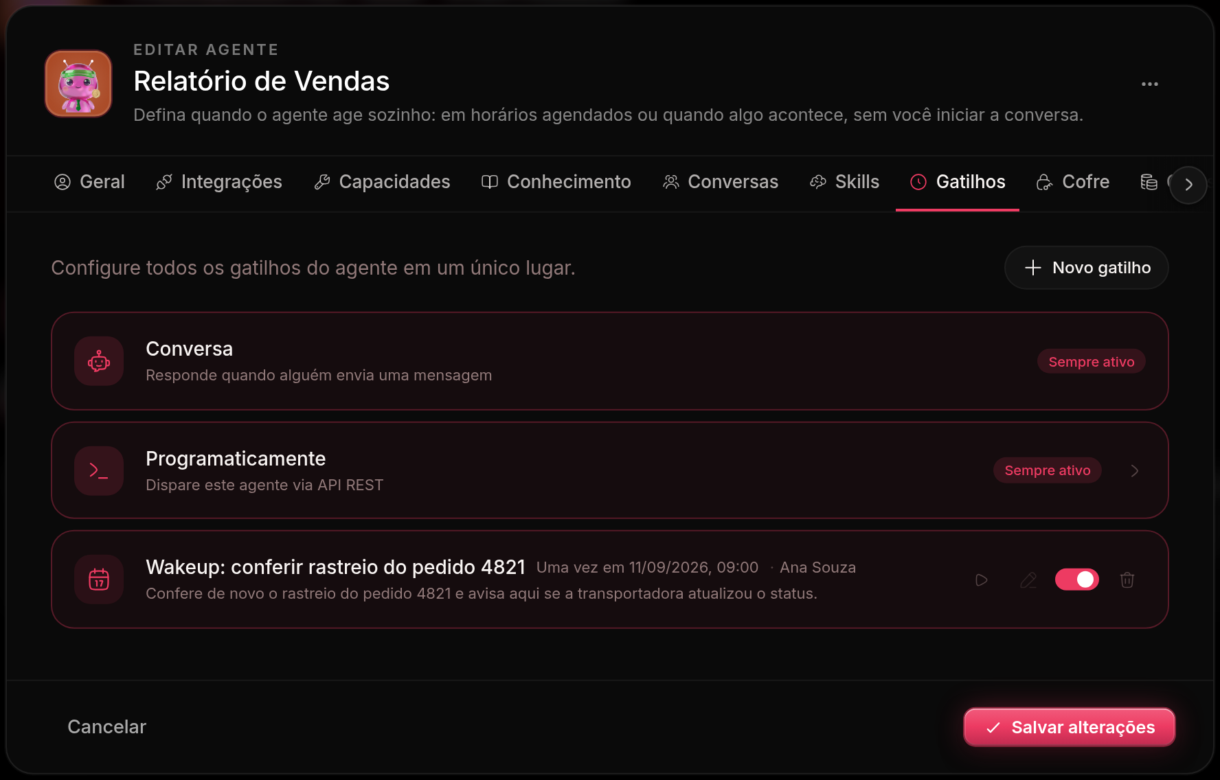 Aba de gatilhos na configuração do agente, com o que já está agendado e o caminho para criar um novo